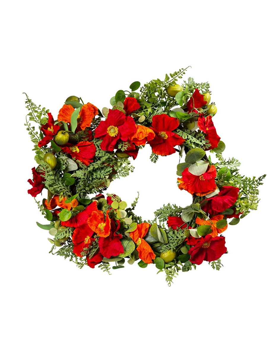 Artificial 72CM RED ORANGE POPPY WREATH (LE JS394)